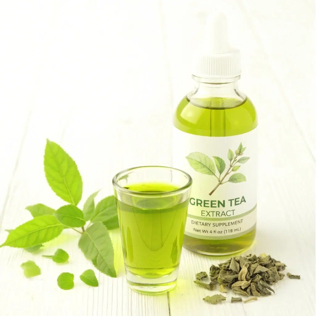 Green tea drink with fresh green tea leaves prepared for cold storage