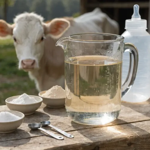 Homemade Electrolytes for Calves: Emergency DIY Recipe for Scours 1 Homemade electrolytes for calves with salt, baking soda, glucose, and a calf feeding bottle