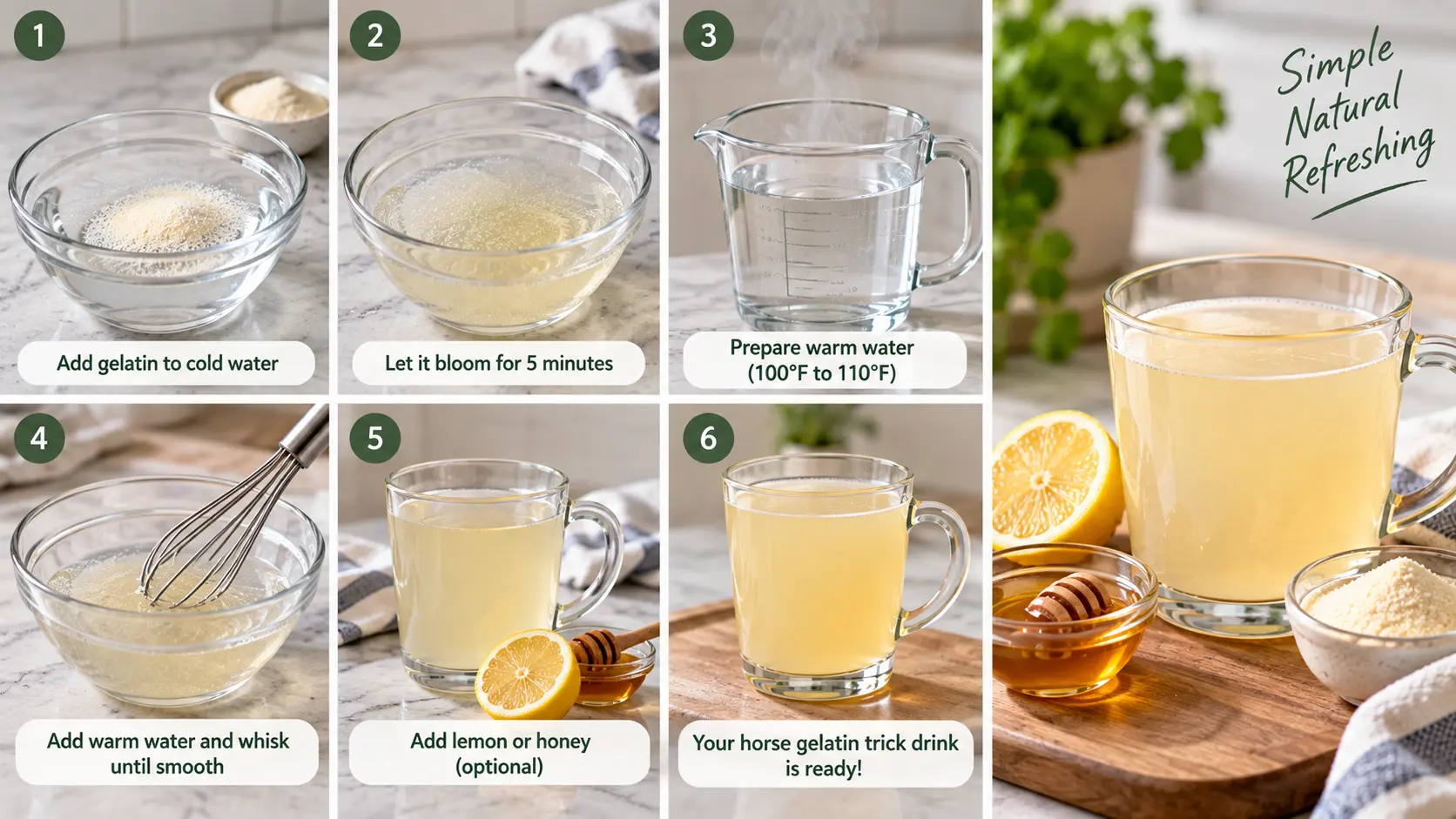 Step by step horse gelatin trick drink recipe with unflavored gelatin and warm water